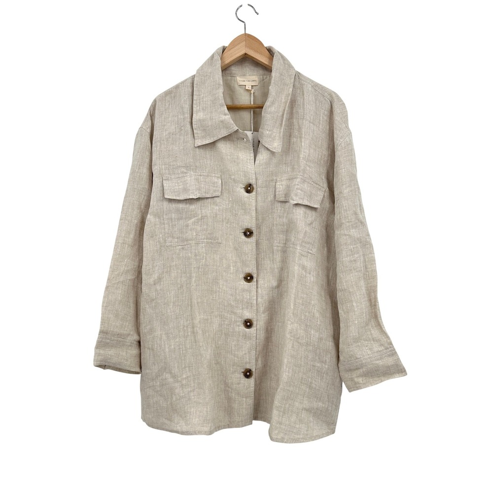 Laude the Label Women L Organic Linen Button Down Shirt Jacket Beige Oatmeal NWT